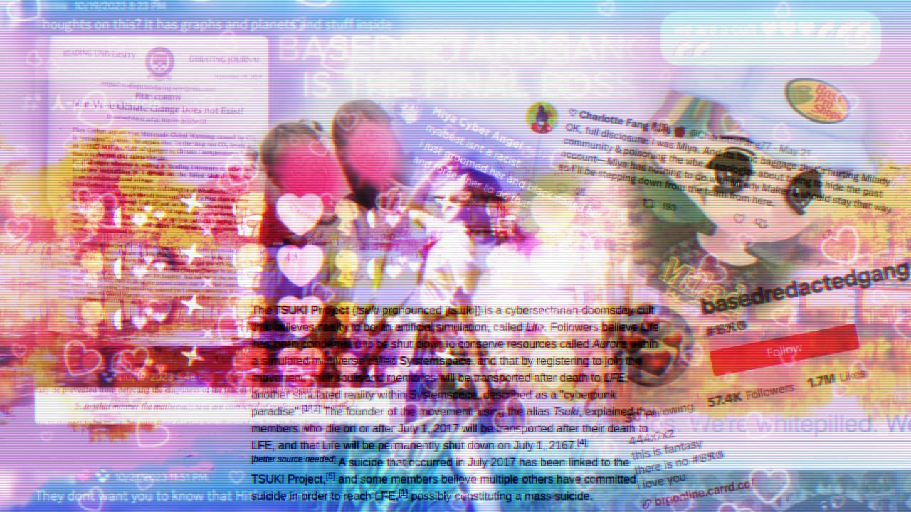 a glitchy edited collage of various images and screenshots related to basedretardgang, remilia and milady