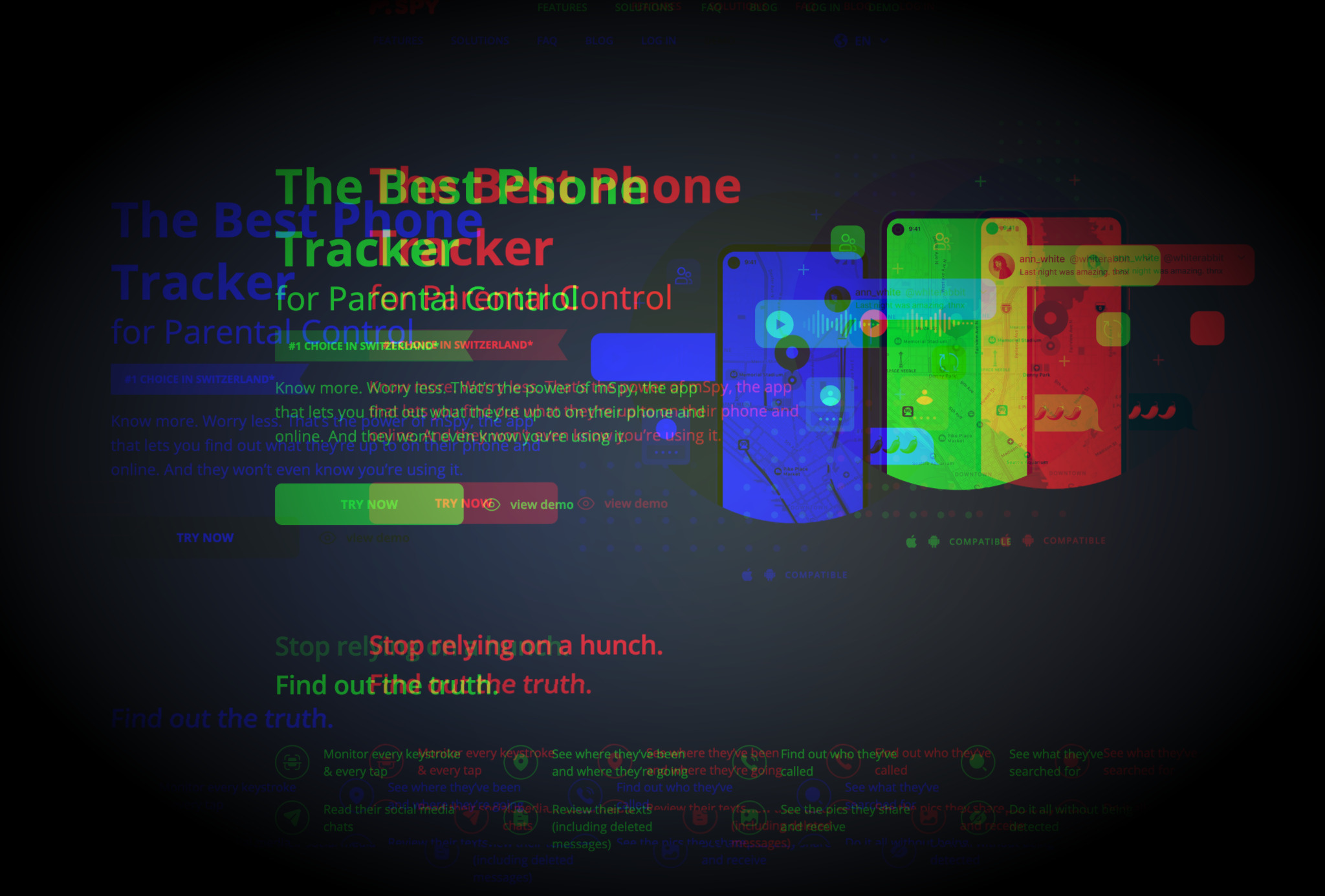 a glitchy edited screenshot of the landing page for a stalkerware product