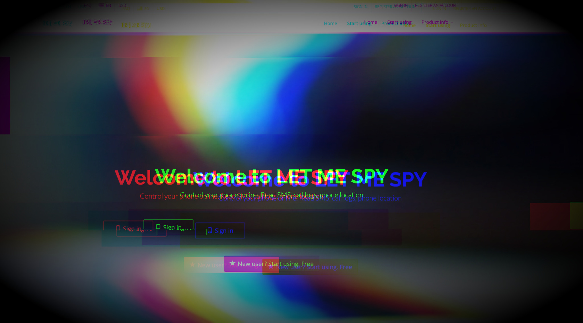 a glitchy edited screenshot of the landing page for LetMeSpy