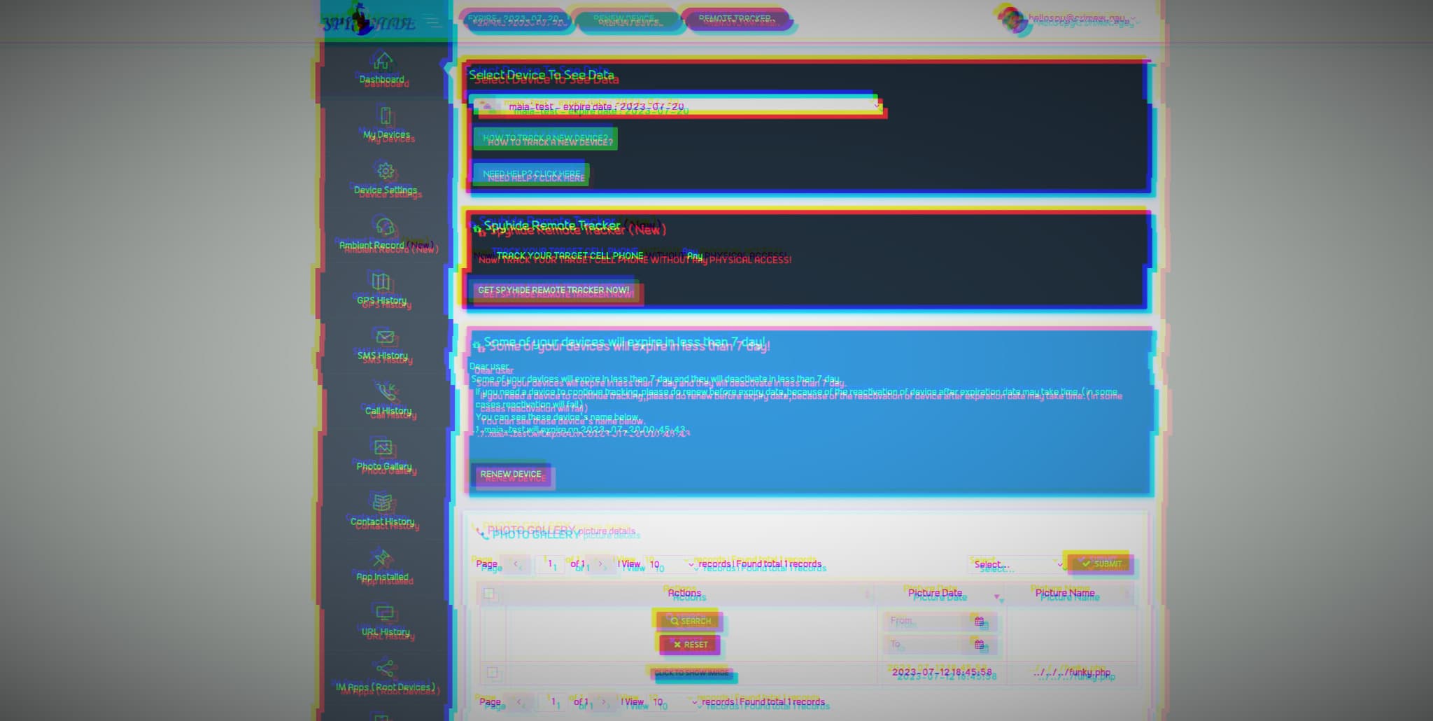 a glitchy edited screenshot of the SpyHide dashboard