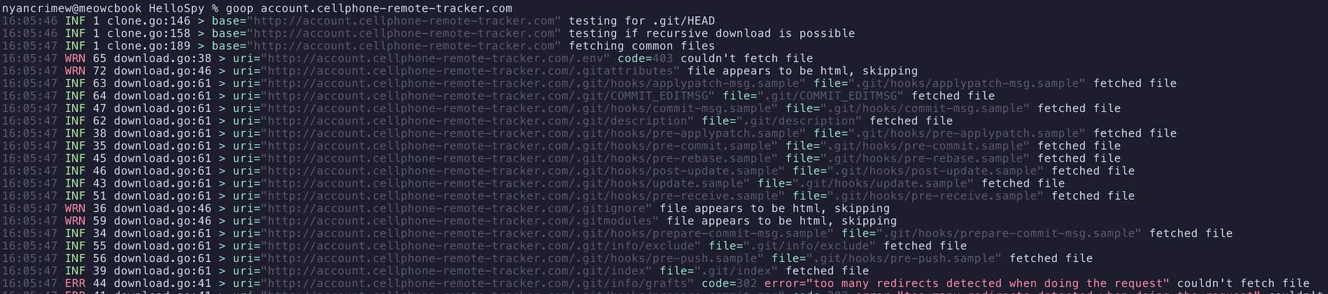 the goop command line tool being used to download the source code to account.cellphone-remote-tracker.com