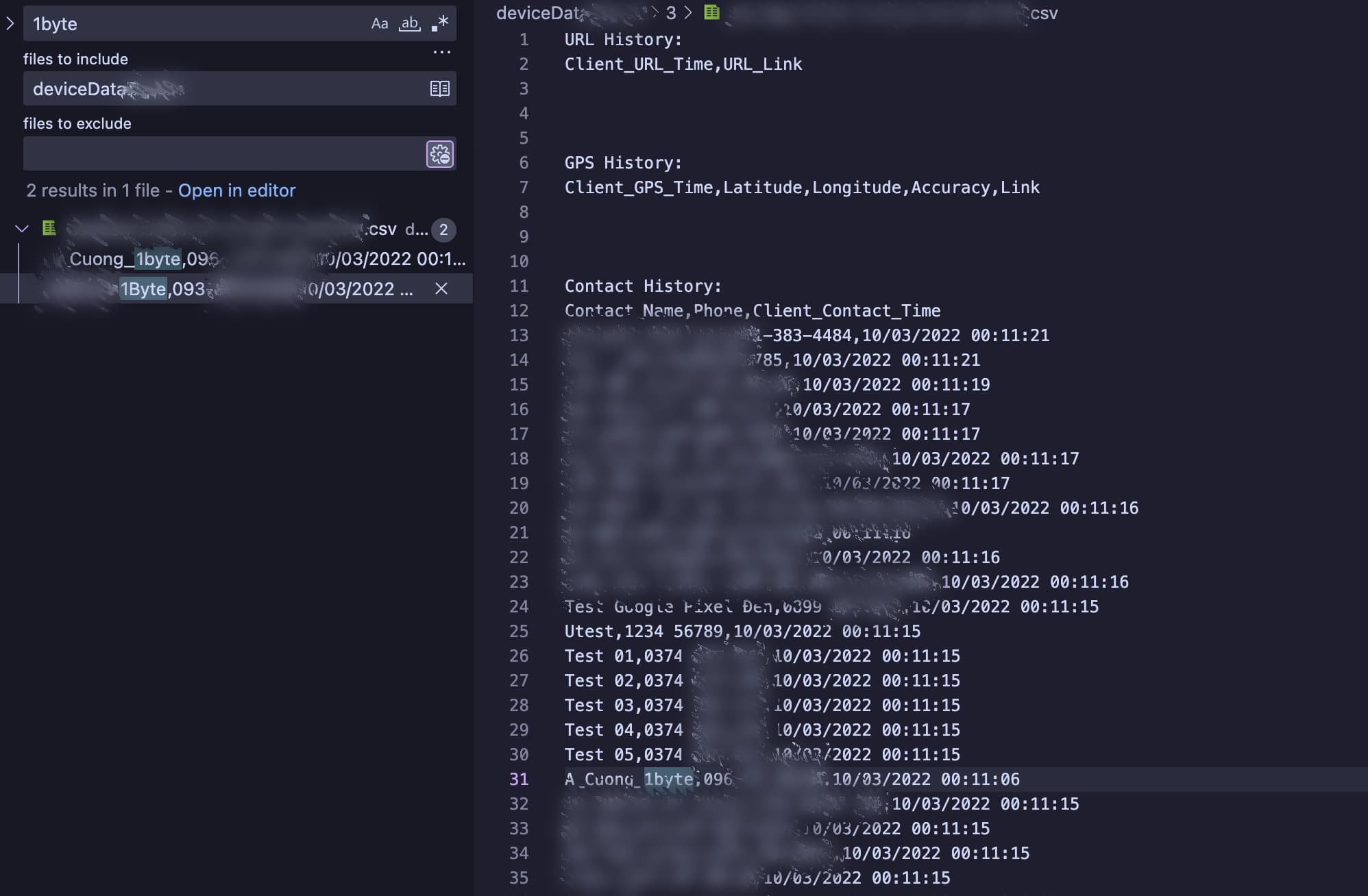 a heavily redacted screenshot of visual studio code, showing a csv file as a search result for the term "1Byte" with various contacts related to test devices and 1Byte employees
