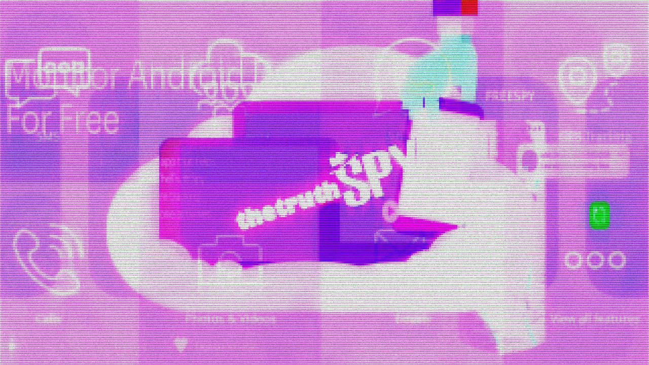 a glitchy edited very pink collage of various marketing images for TheTruthSpy with their logo diagonally in the center
