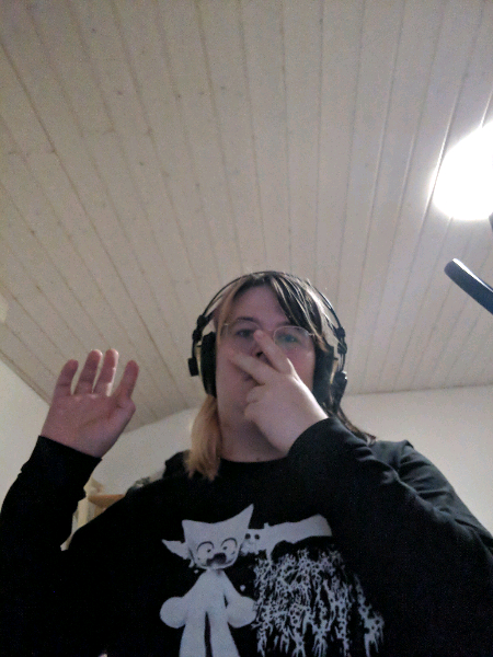 a low resolution selfie of me covering my face with one hand doign the peace sign and holding my other hand up in the air. i am wearing a merch piece from the musician femtanyl, a long sleeve and headphones