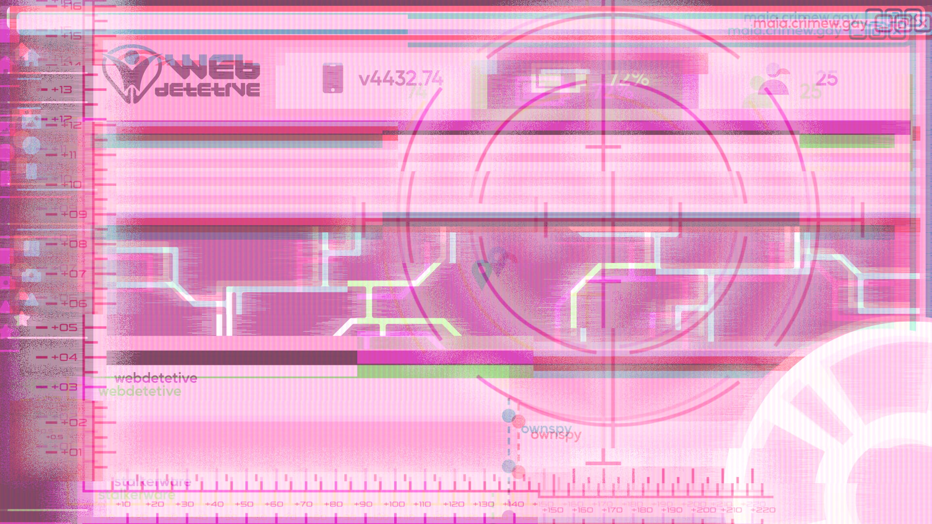 a glitchy pink illustration of a y2k-/cyberpunk-style stalkerware dashboard with a y2k-style WebDetetive logo in the top left and crosshairs drawn over the whole image