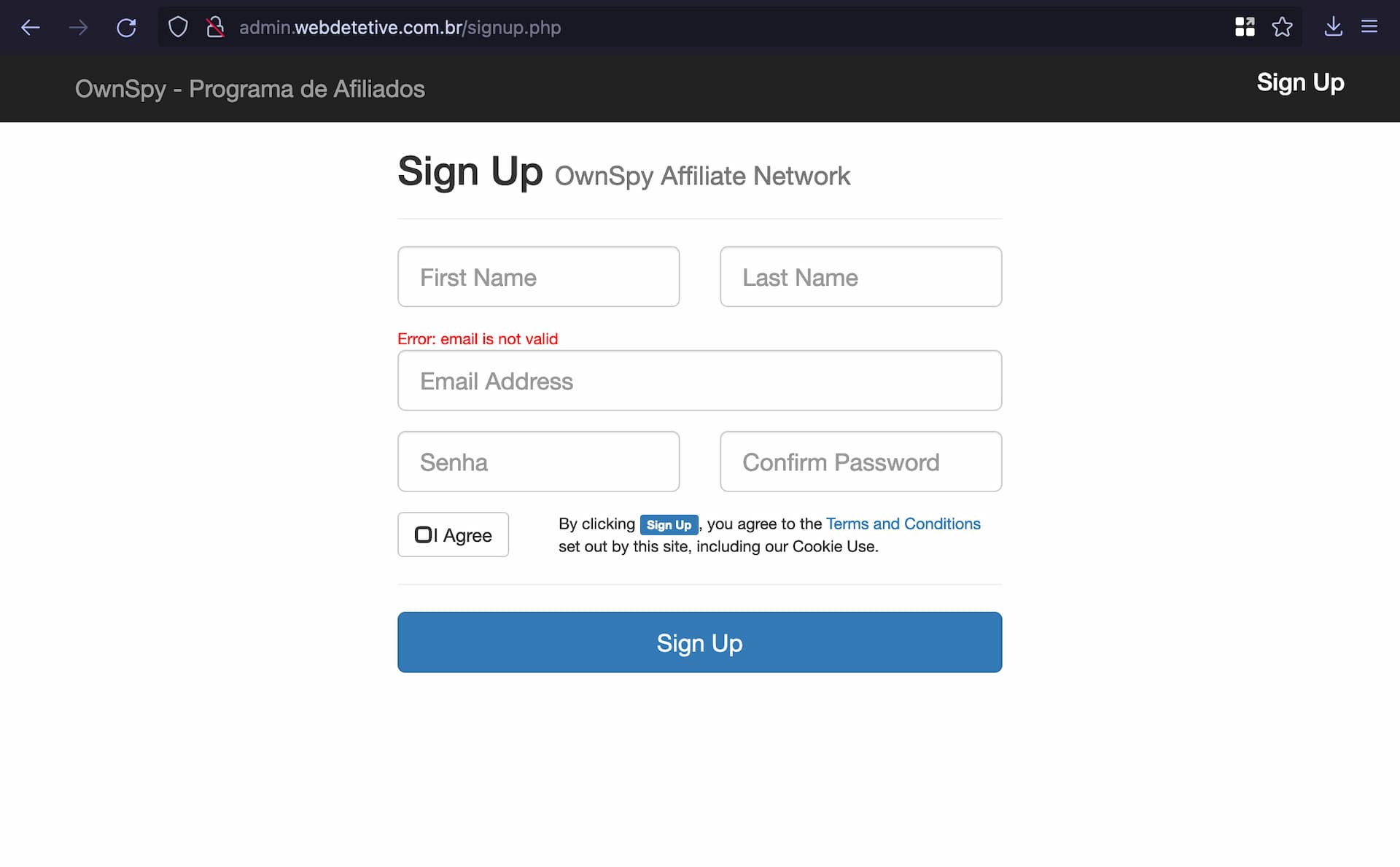 a screenshot of a signup form at admin.webdetetive.com.br/signup.php. it is entitled "sign up OwnSpy affiliate network"