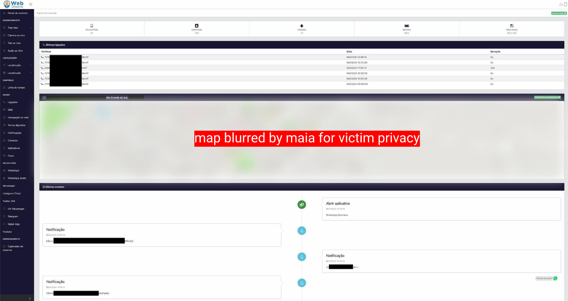 a screenshot of the WebDetetive stalkerware dashboard showing various pieces of redacted victim info and a heavily blurred map in the middle