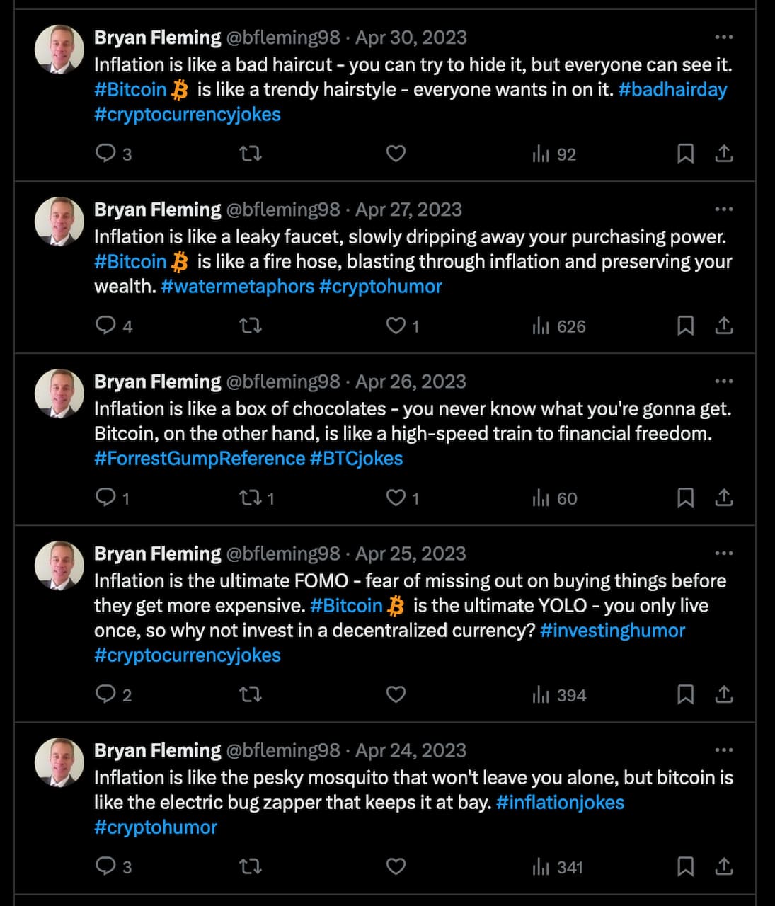 a screenshot of Fleming's twitter profile where he posts the same bitcoin inflation joke over and over again with slight variations