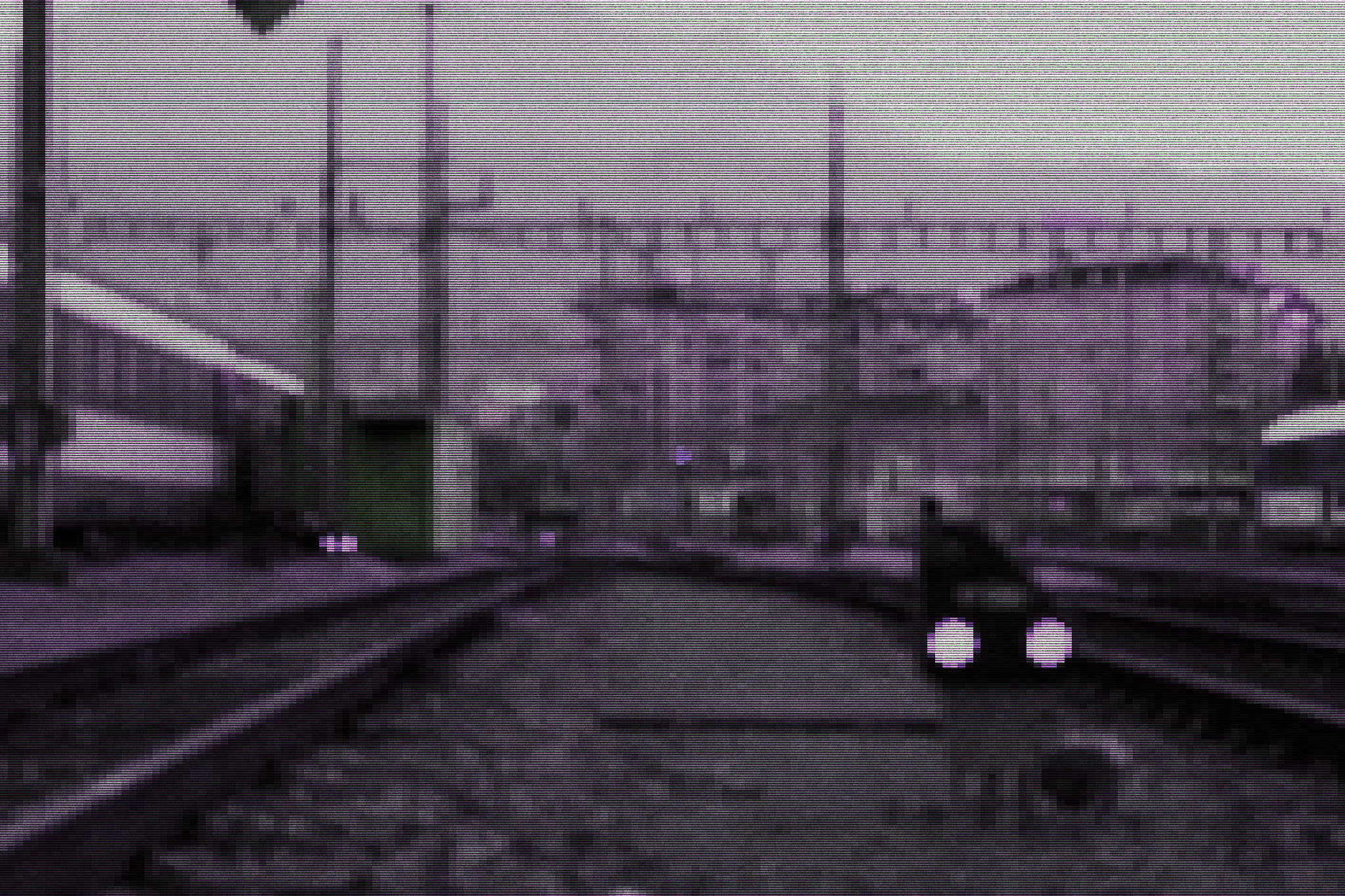 a glitchy edited photo of a train station