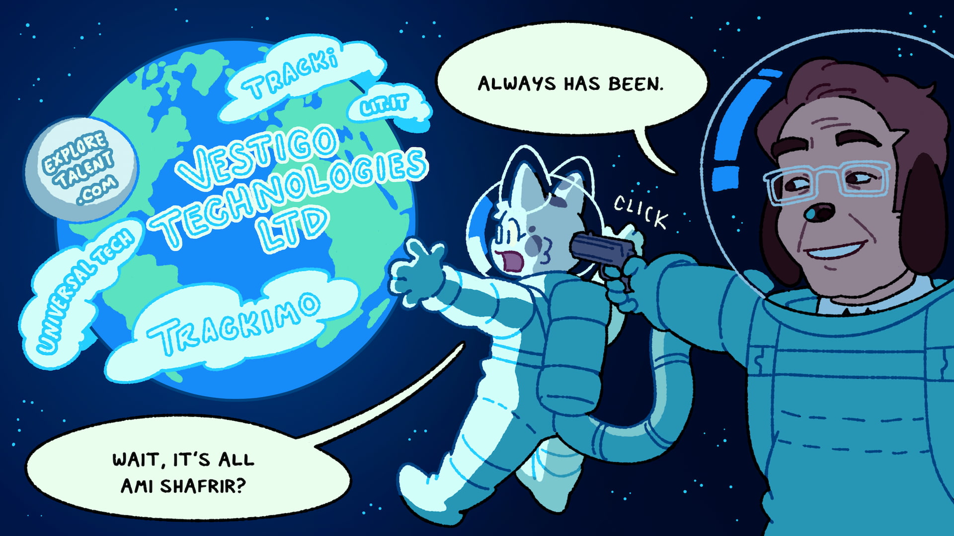 an illustrated scene in space that parodies the "always has been" meme format. on the left is an earth-like planet listing companies mentioned in this article. maia in an astronaut suit says "wait, it's all ami shafrir?" an older man with puppy features, also in an astronaut suit, points a gun at it and says "always has been." the gun has a "click" sound above it.