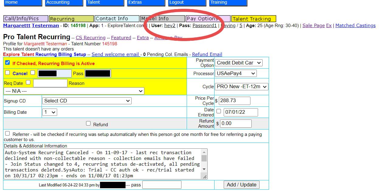 a screenshot of an internal ExploreTalent backend management tool, showing the subscriber info of a test user and very prominently displaying the users password