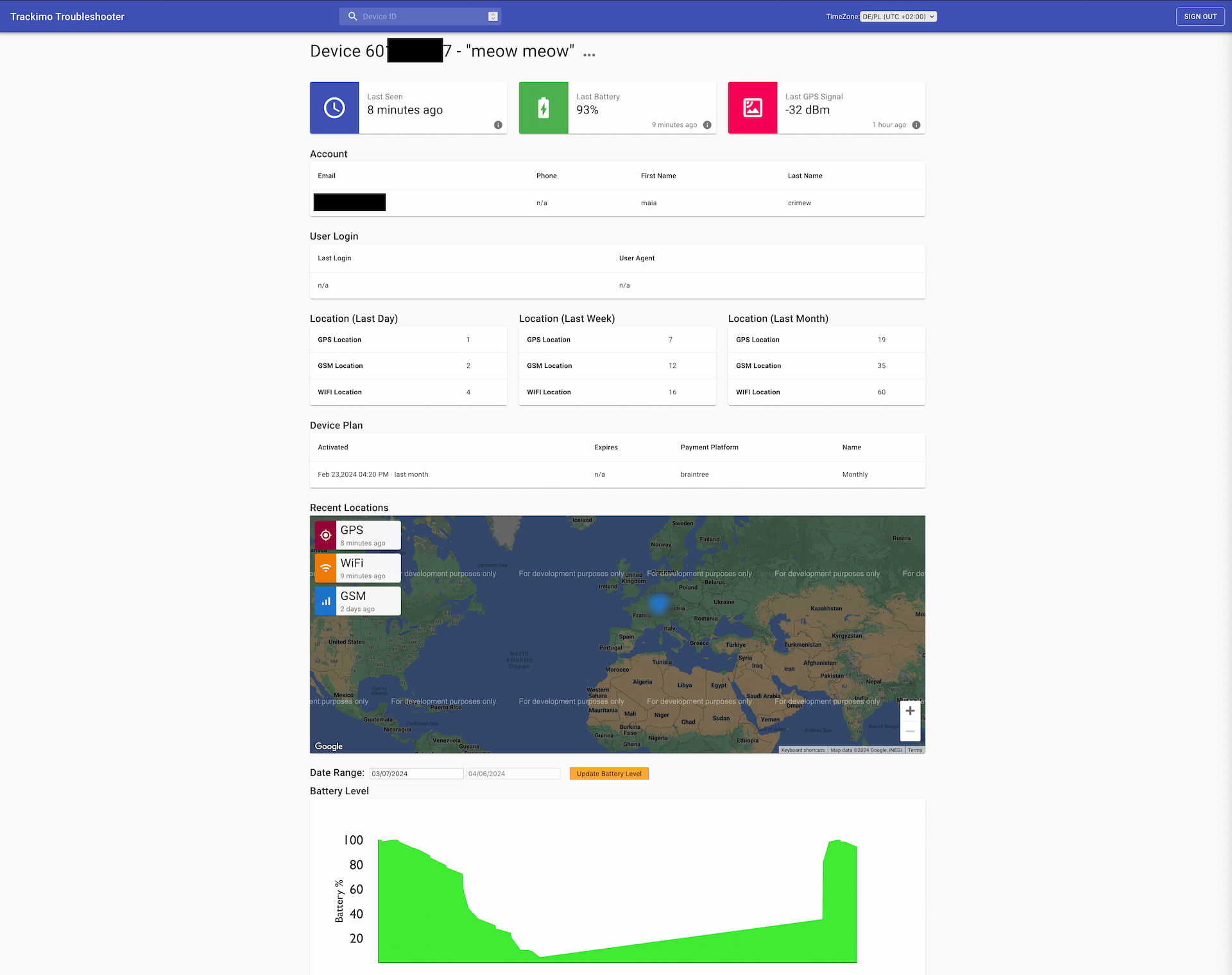 a screenshot of Trackimo Troubleshooter showing various info about our test device and its subscription