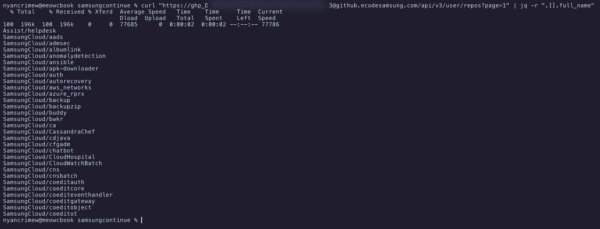 screenshot of a terminal showing me using curl and jq to get a list of repositories from the samsung ecode github api