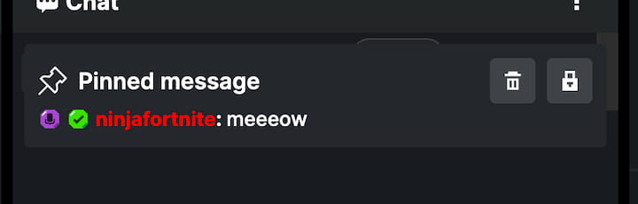 a screenshot of a pinned message in a kick chat reading "meoow" it was apparently sent by "ninjafortnite" and next to the message there is a broadcaster as well as verification badge
