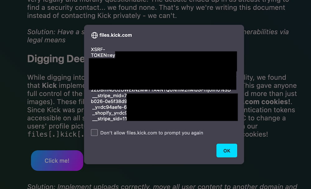 a screenshot of the write-up showing a popup displaying all my kick.com cookies